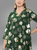 Bottle green crepe foil printed short kurta with Palazzo - Indian women's ethnic wear in crepe fabric with V-neck, 3/4 sleeves, and A-line silhouette