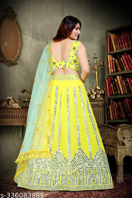 Embellished Georgette Lehenga Choli and Dupatta - Indian fashion semi-stitched 3-piece set