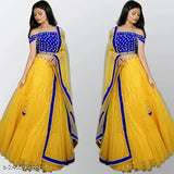 Latest yellow satin and net embroidered lehenga choli with lace dupatta, semi-stitched Indian partywear