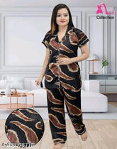Black satin Morpankh printed night suit set, stylish women's loungewear from India