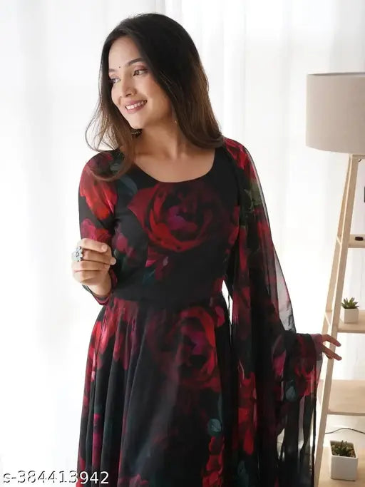 Black Georgette Anarkali gown with floral print, long sleeves, and included dupatta. Indian women's formal wear on display