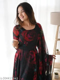 Black Georgette Anarkali gown with floral print, long sleeves, and included dupatta. Indian women's formal wear on display
