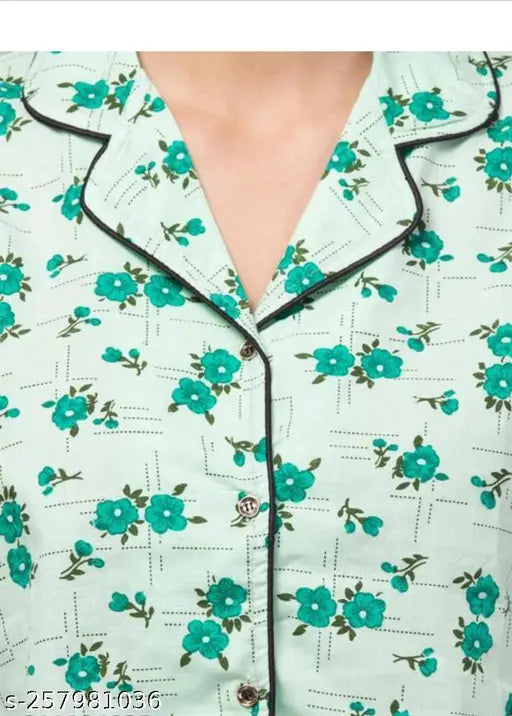 Printed cotton nightwear set for women, includes short-sleeve shirt and pyjama bottoms, available in S-XXXL, Indian origin