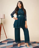 Trendy Western-style solid Georgette Kurta & Palazzos set, long sleeves, ideal for various occasions, India origin