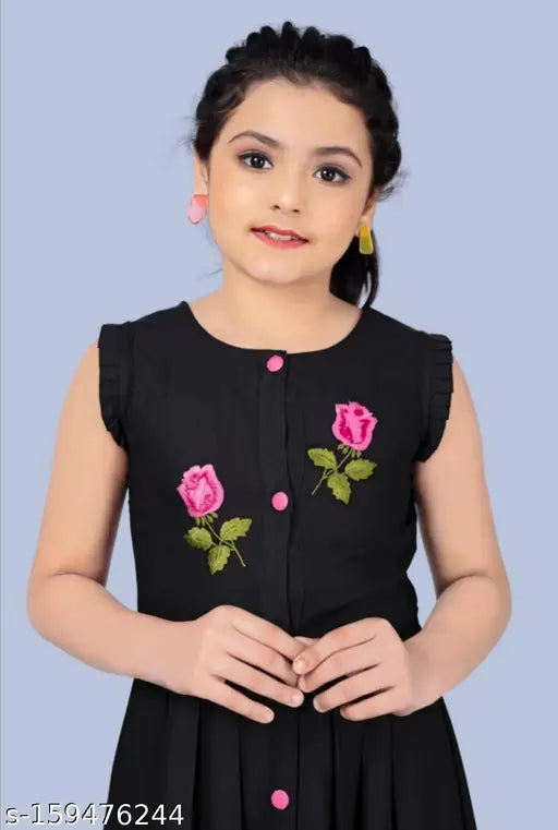 Modern rayon embroidered net frock, teal black with multicolor flowers, 5-14 years, knee length