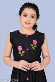 Modern rayon embroidered net frock, teal black with multicolor flowers, 5-14 years, knee length