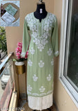 Embroidered rayon kurta and palazzos with three-quarter sleeves, Chikankari work on net background. Single set for M (38in bust, 16in shoulder), XXXL (46in bust, 20in shoulder), 4XL (48in bust, 21in shoulder), 5XL (50in bust, 22in shoulder), and 6XL (52in bust, 23in shoulder). Indian handcrafted traditional outfit