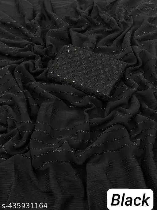 Striped Georgette saree with fur woven pattern, single piece in chiffon fabric, India origin