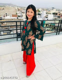 SF Green Red Baby Sharara Rayon straight dress with three-quarter sleeves, printed design, for kids aged 3-12 years. Indian traditional sharara outfit