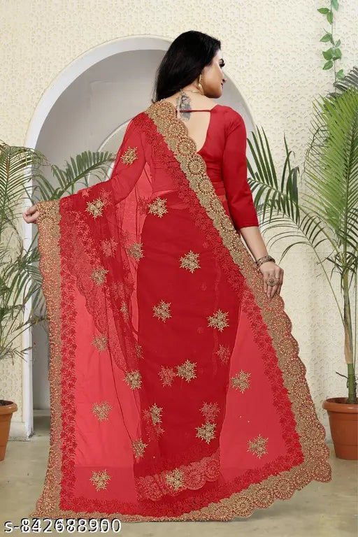 Salmon net Amrita saree with embroidered blouse, free size, India-made