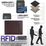 Brown genuine leather RFID wallet with keychain combo set, 6 card slots, chic and sophisticated design for men's formal wear. High-quality leather, multiple compartments, and hand-stitched construction for long-lasting use. Ideal for holding small items like cards, receipts, and cash. Exclusive design ensures a comfortable fit in any pocket. Made from genuine leather with natural color variations. Dry clean only
