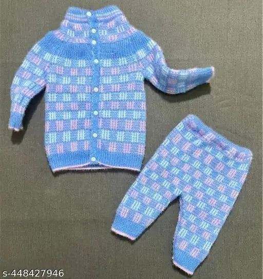 Soft cotton blend boys & girls sweater set with wool bottoms, featuring a charming blue and pink checkered pattern. Handmade, ideal for babies aged 0-9 months, perfect for baby showers or gifts. Made in India