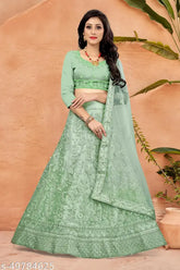 Embroidered net Lehenga Choli and Dupatta set, semi-stitched (42in waist, 42in length), Indian zari work embroidery