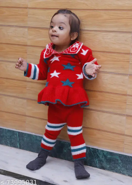 Peach and red woolen sweater set, long sleeves, warm for baby girls (1-2 years)