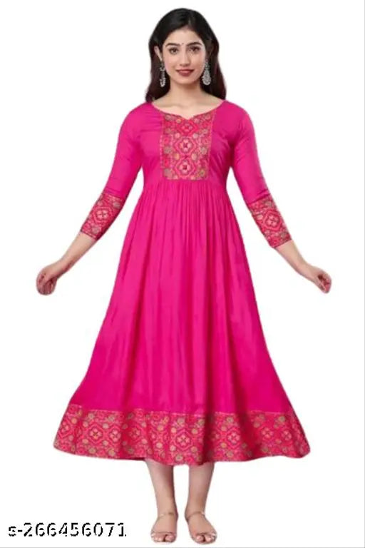 Pink rayon Anarkali kurti with three-quarter sleeves, printed combo, good border design, and flared style. Indian ethnic women's dress for casual or party wear