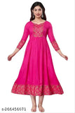 Pink rayon Anarkali kurti with three-quarter sleeves, printed combo, good border design, and flared style. Indian ethnic women's dress for casual or party wear