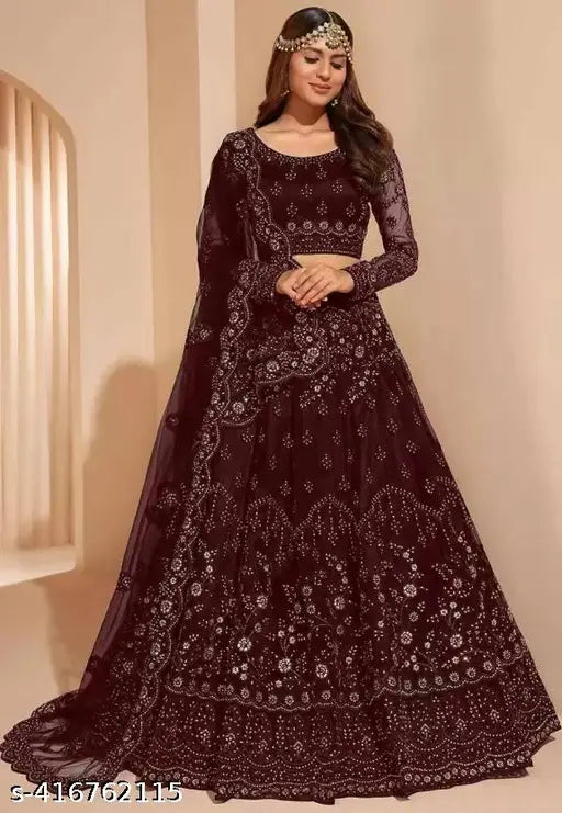 Embroidered net lehenga-choli set, Indian bridal partywear with botanical patterns and free size (44m waist, 44m length)