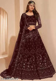 Embroidered net lehenga-choli set, Indian bridal partywear with botanical patterns and free size (44m waist, 44m length)