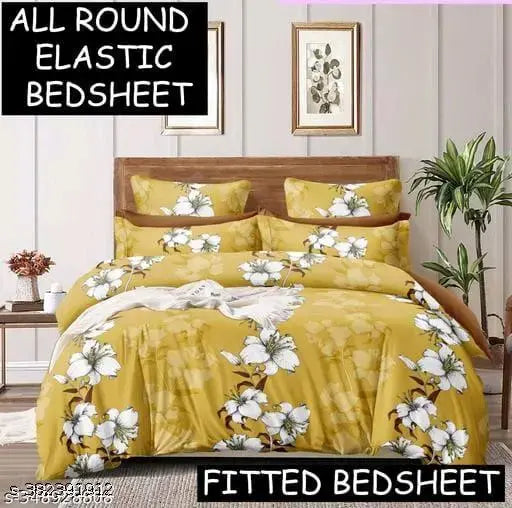 Cotton floral print superfine fitted king size bedsheet with two pillow covers, ideal for adult summers