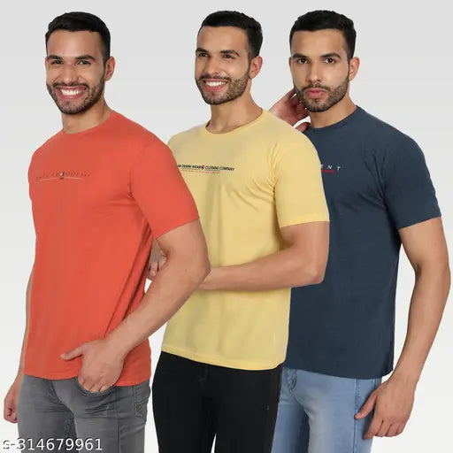 Red cotton blend round neck T-shirts pack 3 (M, L, XL, XXL) with typographic pattern, great for casual wear