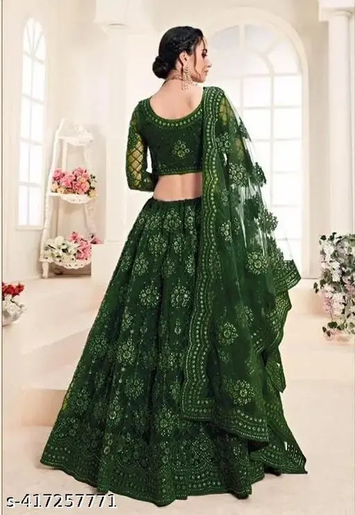 Embroidered net Lehenga Choli set with heavy silk work and cutwork broder, free size (Lehenga waist 43m, length 42m, dupatta length 2.2m), Indian origin