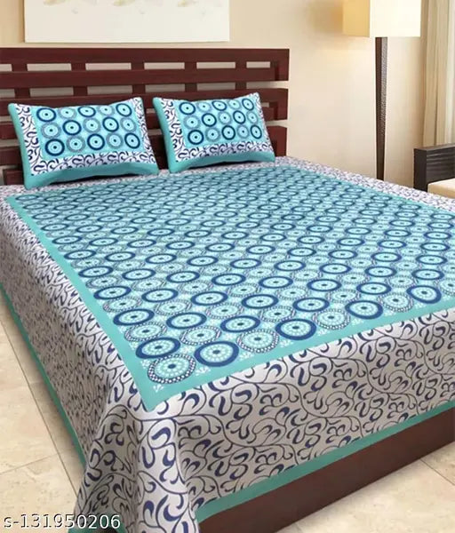 Blue printed pure cotton bedsheet combo pack (1 double, 2 pillow covers), Indian ethnic motifs on regular quality sheets for summer