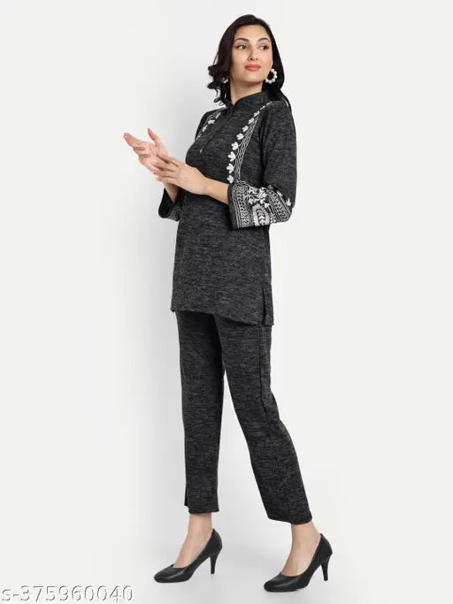 Black wool velvet embroidered night suit coord set, perfect for winter evenings