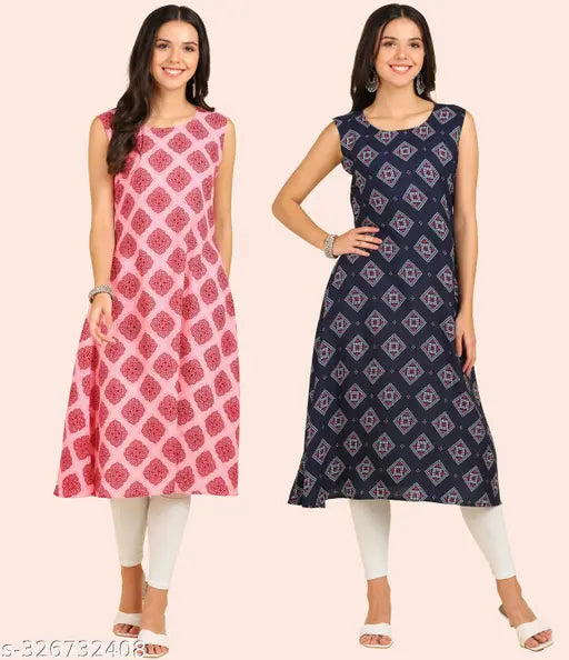 Women's crepe round kurti combo pack of 2 - sleeveless, checked anarkali style in calf length (43 inches), American crepe fabric for traditional wear and casual events