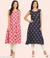 Women's crepe round kurti combo pack of 2 - sleeveless, checked anarkali style in calf length (43 inches), American crepe fabric for traditional wear and casual events