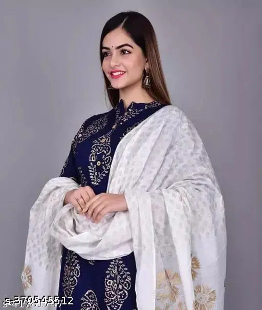 Blue rayon Kurta set with Palazzos and dupatta - ASC stylish, beautiful design, three-quarter sleeves