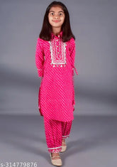 Nanci Girls cotton printed kurta and pyjama set, three-quarter sleeves, best for weddings, parties. Ready-to-wear girls party wear outfit in India