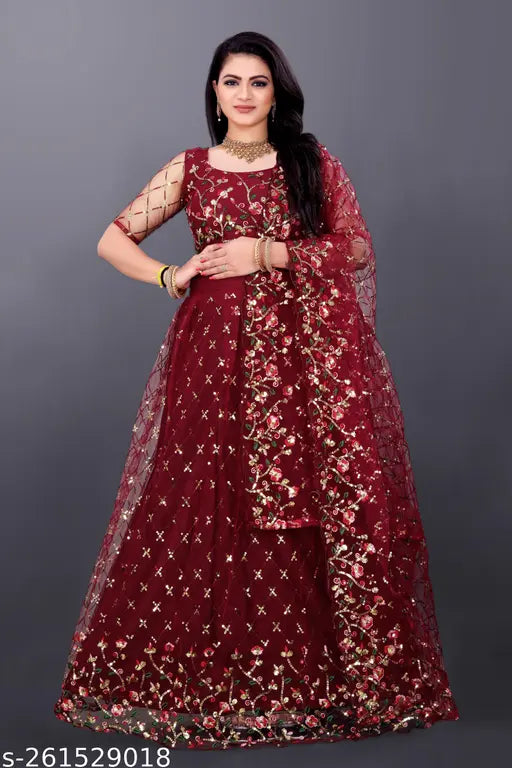 Stylish designer net lehenga with heavy sequin work and worked blouse (unstitched), Indian party wear