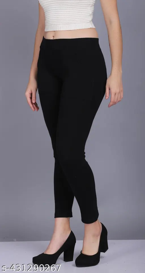 Solid lycra ladies pocket jeggings, ankle fit in sizes L, XL, XXL from India