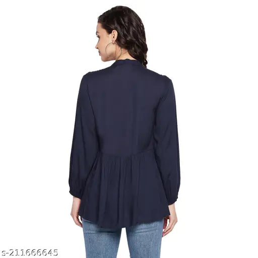 Navy blue embroidered rayon tunic, long sleeves, embellished Indian women's fashion