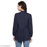 Navy blue embroidered rayon tunic, long sleeves, embellished Indian women's fashion