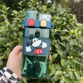 Blue, plastic Mickey Square dual-mouth water bottle for kids (pack of 1), portable with hanging handle and strap, 520ml