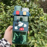 Blue, plastic Mickey Square dual-mouth water bottle for kids (pack of 1), portable with hanging handle and strap, 520ml