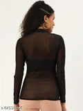 Black net full-sleeve top for women, solid design by ANVI. Size L, made in India