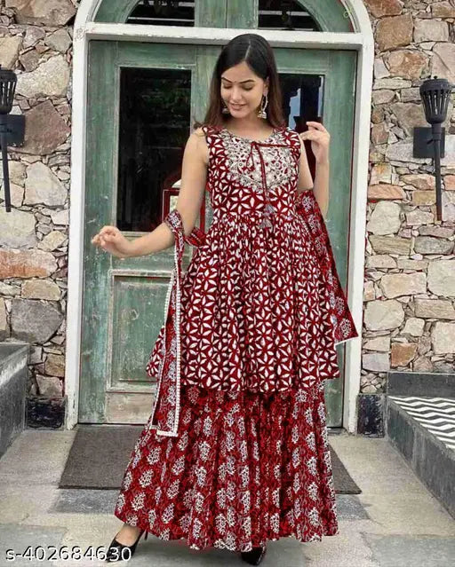 Dark Maroon Rayon Kurta Set with Sharara and Dupatta - Indian A-line Sleeveless design for festive, daily, casual, office or evening wear. Includes 1 kurti, 1 Sharara, and 1 Dupatta. Made from lightweight rayon fabric, perfect for various occasions