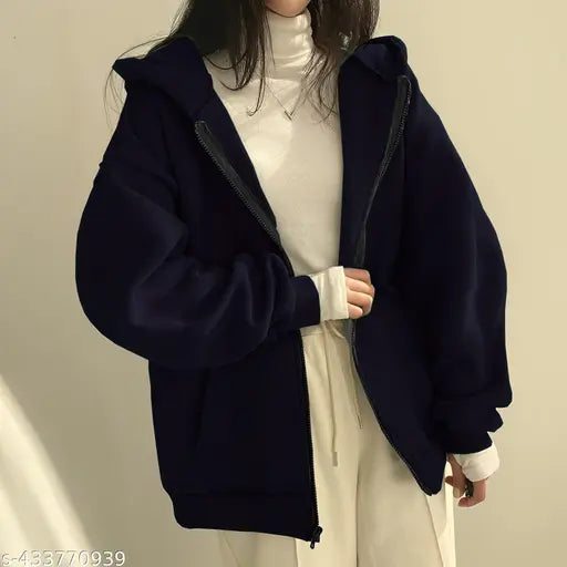 Fleece, solid women's sweatshirt with hoodie, zipper closure, kangaroo pockets, long sleeves - warm and cozy Indian apparel