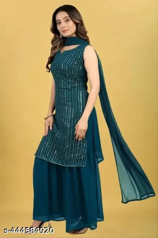 Georgette embroidery work Sharara set with dupatta, Indian women's sleeveless kurta and pants set featuring embellished net design