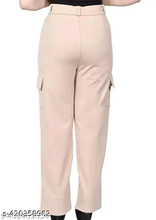 Cream cotton blend cargo pants for woman, high-rise design with slanted inset pocket and patch, suitable for casual and formal wear