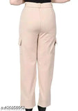 Cream cotton blend cargo pants for woman, high-rise design with slanted inset pocket and patch, suitable for casual and formal wear