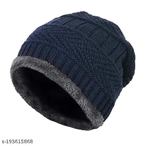 Navy blue wool unisex beanie cap with fur pattern, made in India