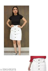 White cotton blend mini skirt for women, solid net design, available in sizes 26, 28, and 30 inches waist, 19 inches length