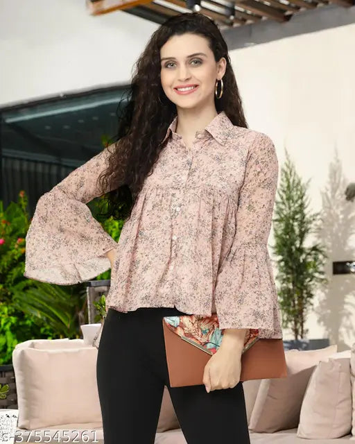 Georgette printed three-quarter sleeve summer women's top set, includes plazo and skirt combo, affordable Indian fashion for women