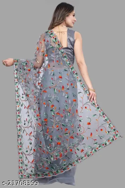 Stylish Bollywood net saree, heavy embroidered saree with separate polycotton blouse, free size, India origin