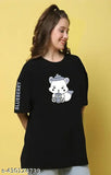 Stylish printed oversized cotton black women's t-shirt, long sleeves, size S to XXL (India)