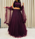 Wine-colored net lehenga choli set, featuring jute silk top and net bottom, ethnic motif pattern. Indian handcrafted women's and girls partywear, trendy and fashionable with dupatta