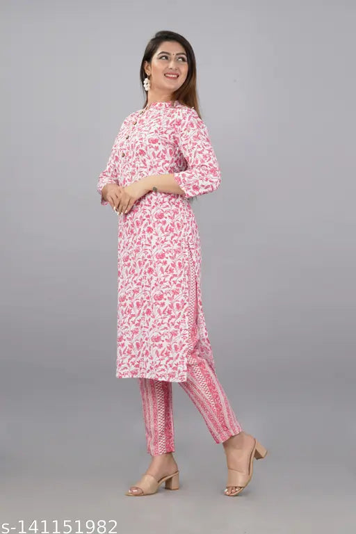 Coral pink rayon contrast print kurti-plazzo set for women, single piece in size L with three-quarter sleeves from India